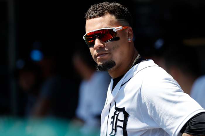 Detroit Tigers shortstop Javier Baez (28) watches from the dugout in the second inning against the Baltimore Orioles at Comerica Park.